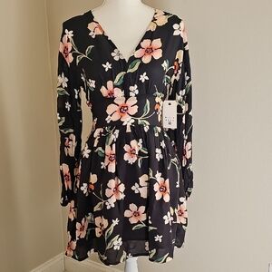 Billabong Black Floral "Night Bloom Mini" Long Sleeve Dress NWT